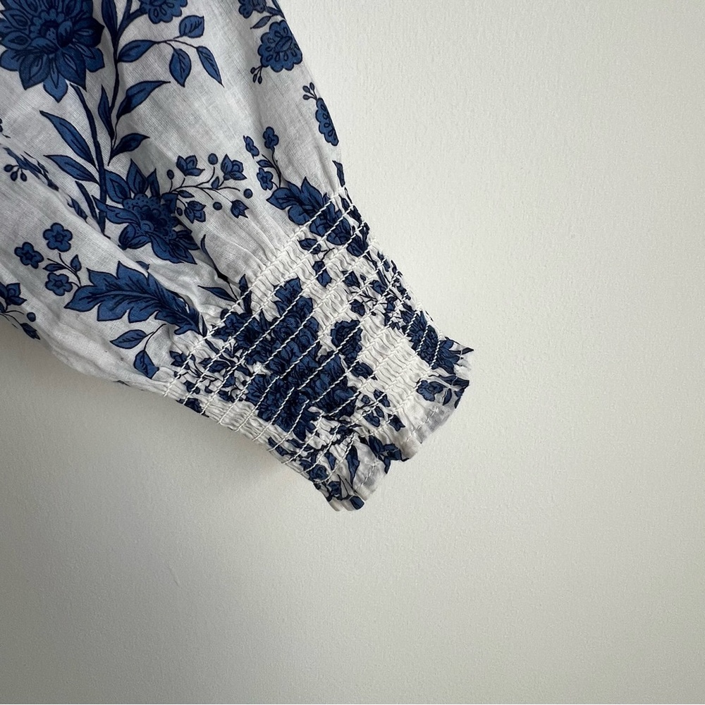 Talbots Popover Petite S Vibrant Floral Ruffle Trim Blouse Blue Coquette Cottage - Picture 7 of 11